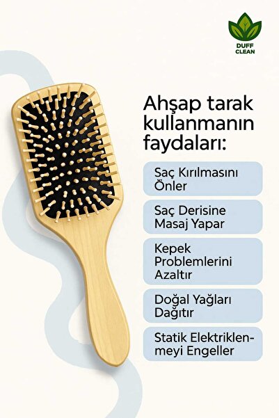 DUFF CLEAN SİYAH Bambu Uçlu Saç Fırça Ahşap Saç Fırçası Ahşap Tarak