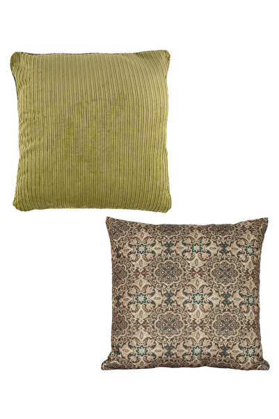 ASDİVA Set of 2 Throw Pillow Covers Dark Ethnic Patterned and Corduroy Pistachio Green 43X43 cm