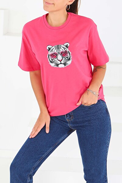 TOFİSA Μπλουζάκι με στάμπα και κοντά μανίκια φούξια - 27571