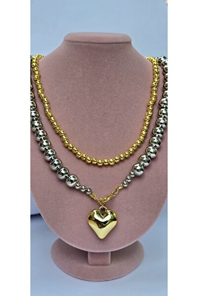 Lion Gri trend model büyük kalpli kolye ikili takım