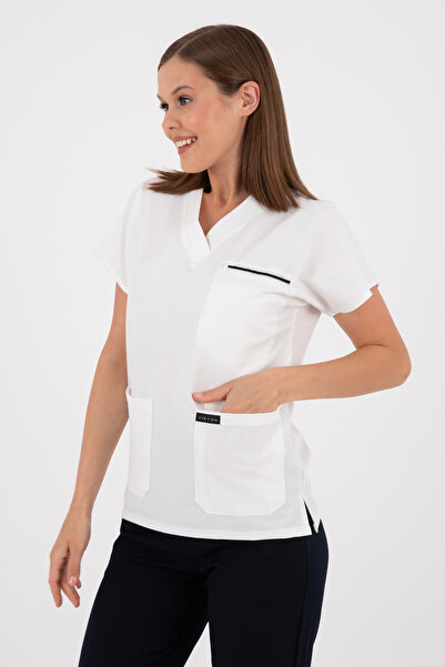 VİZYON UNIFORM Premium Lycra Beyaz Tek Üst Hemşire Forması Cerrahi forma, scrubs üniforma(UNISEX)