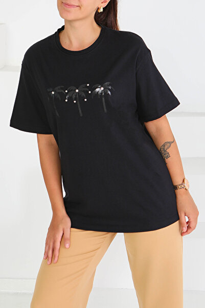 TOFİSA Μπλουζάκι με στάμπα και κοντά μανίκια, μαύρο - 27569