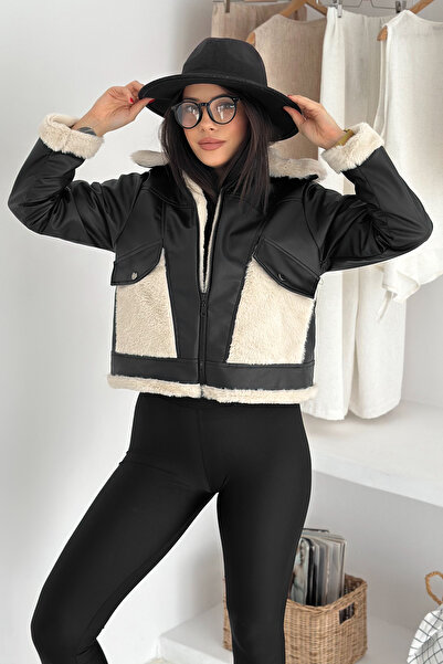 Noa Noa Women's Plush-Lined Leather Jacket – Plush Detail on Pockets & Contrast Collar