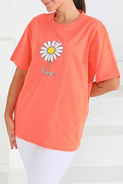 TOFİSA Εμπριμέ κοντομάνικο μπλουζάκι πορτοκαλί - 27577