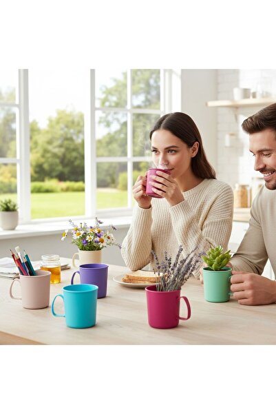 HOLLYHOME 6 Adet Renkli Plastik Kulplu Kupa Bardak, Su Meşrubat Bardağı 300ml 8,5(h)x7,5cm
