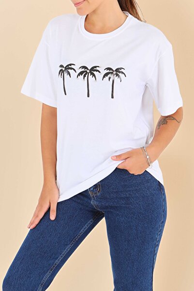 TOFİSA Μπλουζάκι με στάμπα και κοντά μανίκια, λευκό - 27569