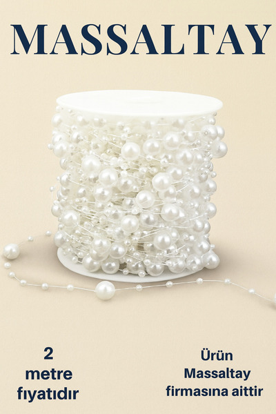 Massaltay Beyaz Saçaklı Misinalı İnci Süsleme İpi 2 Metre – Beyaz Boncuklu Dekor Şerit Aksesuarı