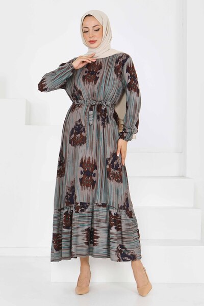 TOFİSA Desenli Kuşaklı Elbise Yesil - 27558