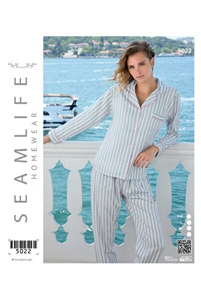 seamlife Women's Long Sleeve Striped Woven Front Button Shirt Pajama Set