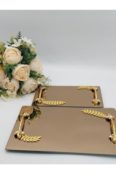 Online Home Market 2-Piece Promise or Engagement Ring, Gold-Silver Leaf-Shaped for Coffee Serving. Square-Hexagonal Shaped Glass Tray