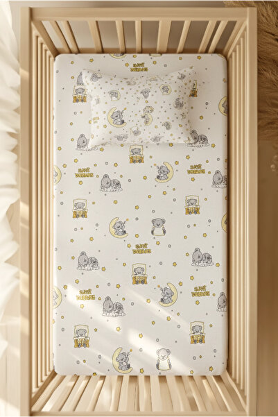 pistore 100% Cotton Ranforce Fitted Sheet Set - Sweet Dreams Patterned Park Bed with Teddy Bear 70X120 35X45