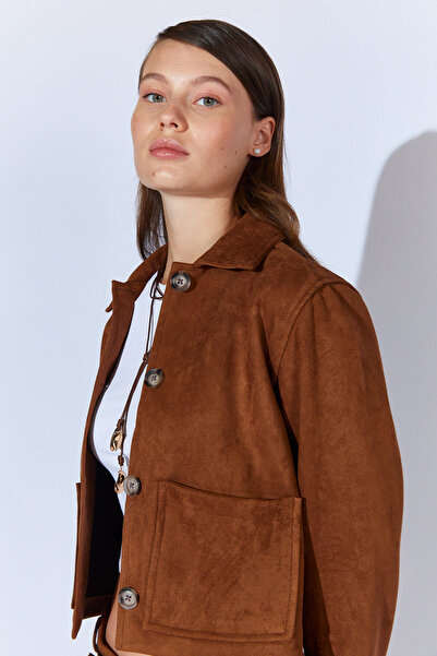 EDITION WOMAN Short Suede Women's Jacket with Coffee Pocket - Ek100351284