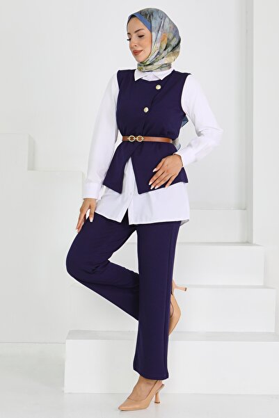 TOFİSA Belted Vest Trousers Mira Set Navy Blue - 27612