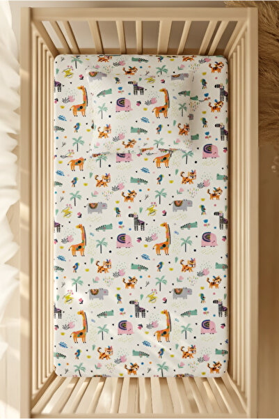pistore طقم ملاءات سرير مطاطية من القطن بنسبة 100% - سرير بارك بنمط عالم الحيوانات مقاس 70x120 35x45