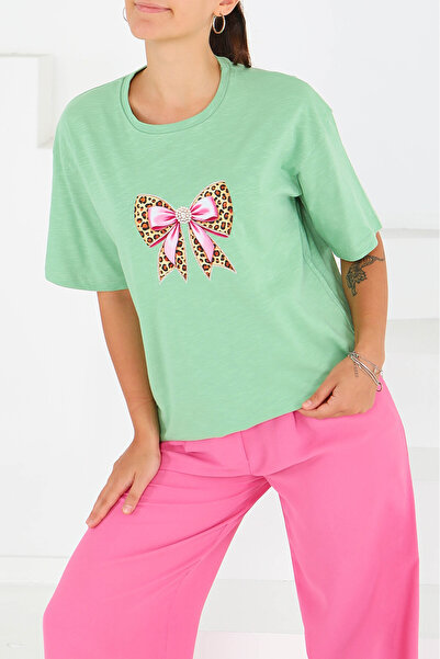 TOFİSA Μπλουζάκι με στάμπα και κοντά μανίκια σε πράσινο χρώμα - 27576