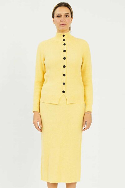 Maison La Femme Women's Knitwear Set Turtleneck Buttoned Jacket Long Skirt Bottom Top Knitwear Set