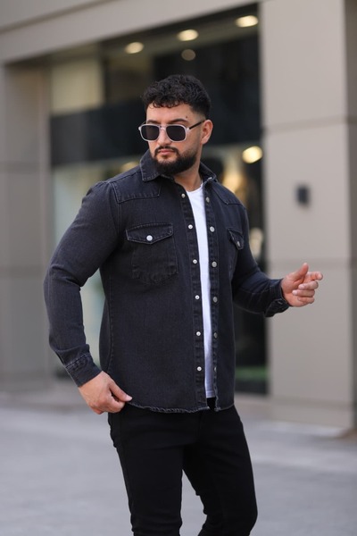 L-KOM قميص دينيم رجالي بقصة مريحة، جيبان، أزرار أمامية