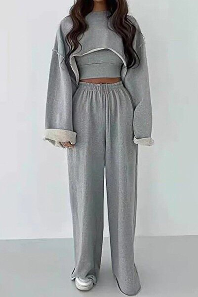 NoVibe Folie Gray Crop Tracksuit Set