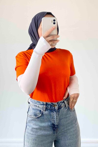 lamelif Κοντό μπλουζάκι χωρίς ραφές με λεπτομέρεια στο μανίκι πορτοκαλί