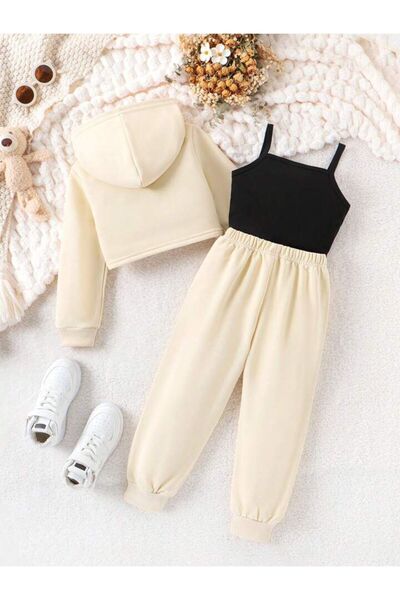 NoVibe Children's Beige Los Angeles Printed Sweatshirt Strap Tracksuit Set