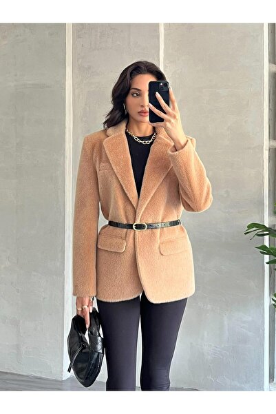 Coral Kemerli Peluş Ceket Taba