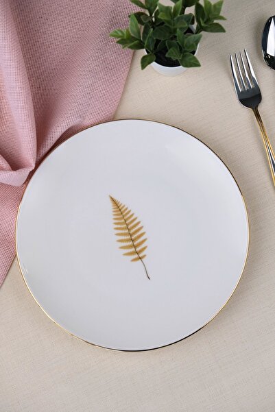 tabakevi Tabak Evi Porcelain Natura Fern Gold Gilded Cake Plate 20.50cm Single