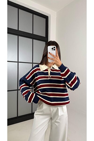 Gaus Lacivert Çizgili Polo Yaka Düğmeli Kazak GAUS-00115