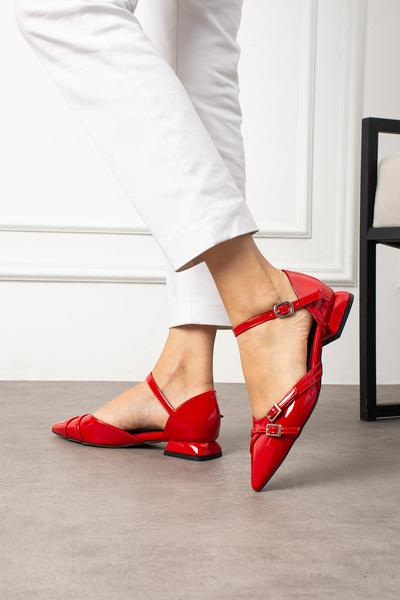 Güllü Shoes Red Patent Leather Ankle Strap Double Silver Buckle Pointed Toe Low Heel Women's Ballet Shoes