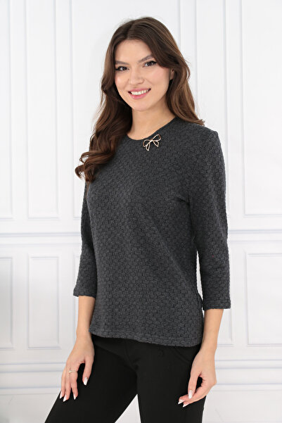 Vanessa Line RO Anthracite-gray wool blouse with gold bow at the neckline