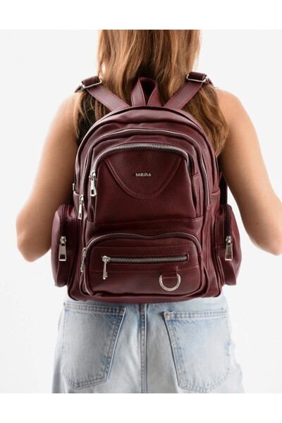 eflanmoda Mega Women's Burgundy Multi-Compartment Soft Leather Backpack