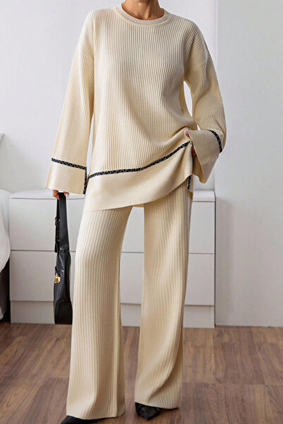 H&E LUXURY DESIGN Women's “Beige Black Ribbed Patterned Loose Fit Two-Piece Set”