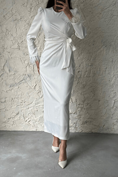 leyuze Kolu Tüylü Kalem Saten Tesettür Abiye Ekru