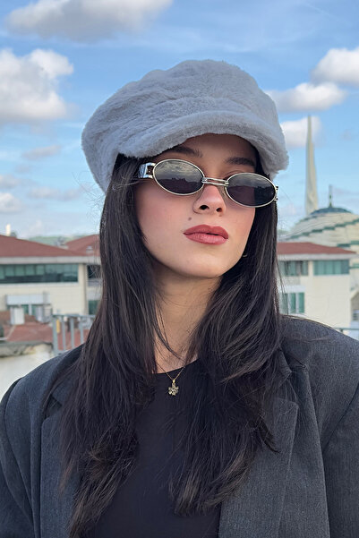 Mavelle Women's Gray Plush Hat |   Captain Hat |   Faux Fur Hat |   Fashion Hat