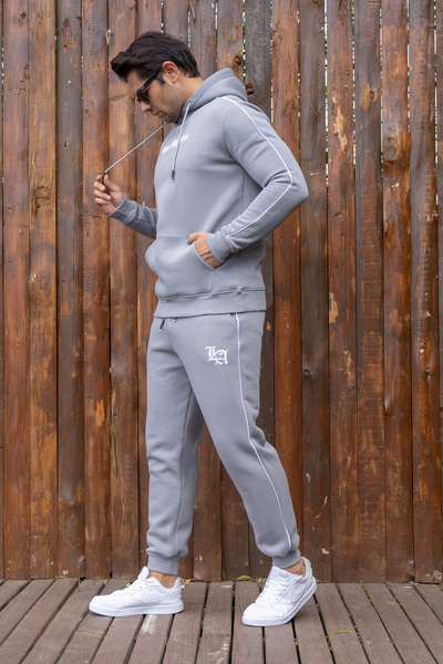 FRANCO RENZO Men's Gray 3 Thread Ribbed Interlining Printed Cotton Tracksuit Set