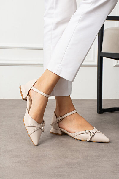 Güllü Shoes Cream Matte Ankle Strap Double Silver Buckle Pointed Toe Low Heel Women's Ballet Shoes