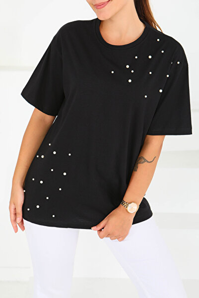 TOFİSA Μπλουζάκι με κοντά μανίκια και πέρλες, μαύρο - 27543
