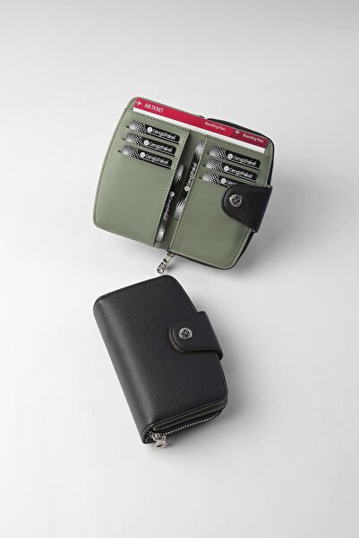 CENGİZ PAKEL Orta Boy Çıt Çıt Detaylı Kadın Cüzdan/Portföy - 65300 - Siyah/Yeşil