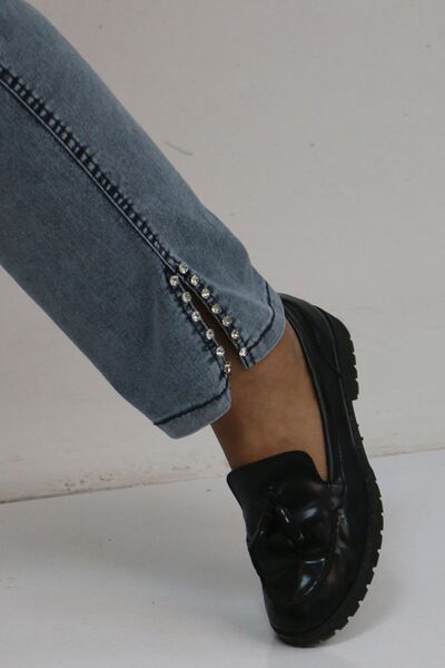 Eslina 59031 Plus Size Slit Detail Jeans with Stone Detail on the Slit - Cool Blue