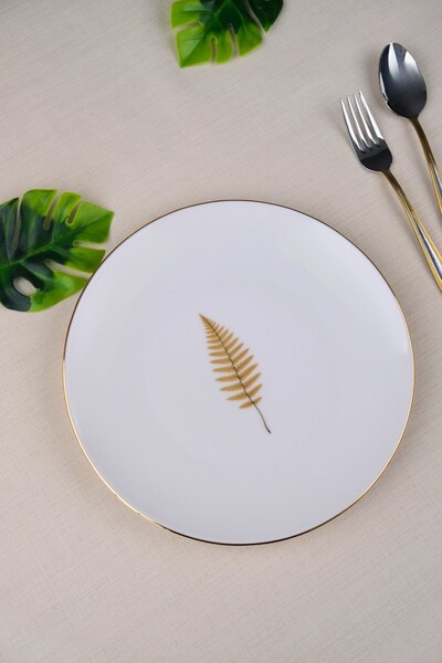 tabakevi Tabak Evi Porcelain Natura Fern Gold Gilded Cake Plate 20.50cm Single