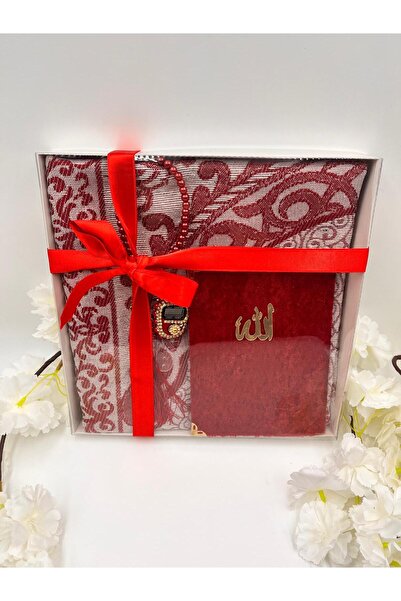 DUHA HAC Dowry Set, Gift, 4-Piece Bridal Bundle Set, Taffeta Prayer Rug, Yasin, Stone Zikirmatik, Pearl Prayer Beads