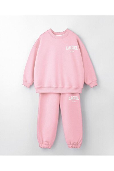 Magu Girl's Cotton Pink Sweatshirt Tracksuit Bottom-Top Set