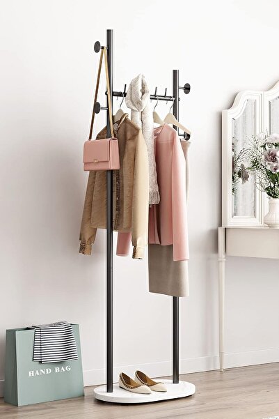 TOLIAHOME Metal İskeletli Ayaklı Askılık Elbise Askısı Portmanto Konfeksiyon Elbise Askılığı (Beyaz-Siyah)