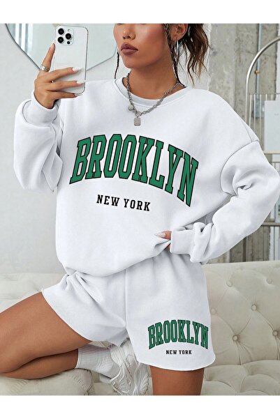 NoVibe Set de pantaloni scurți pentru femei, alb, verde, imprimat Brooklyn, cu 3 fire