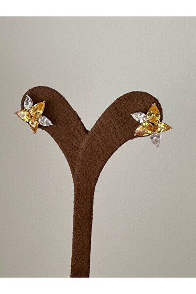 Vip Seri Gümüş Renk 925 K Gümüş Kaplama Zirkon Beyaz ve Sarı Taşlı Çiçek Figürlü Küpe Gen. 1,5 cm.