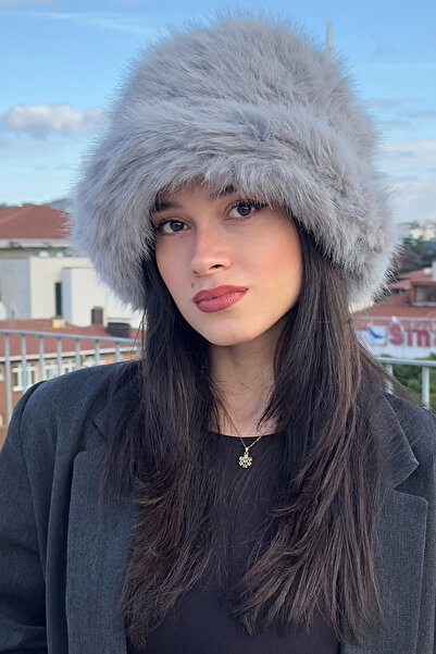 Mavelle Women's Gray Winter Bucket Hat |   Faux Fur Fashion Hat |   Russian Style Kalpak