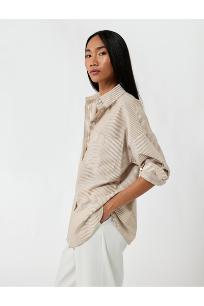 Koton Cotton Single Pocket Detailed Long Sleeve Classic Collar Oversize Shirt