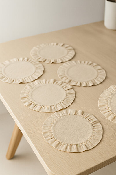 YUNUSOĞLU HOME Cotton Ruffled Placemats Set of 6 American Style 33 cm Diameter Placemats Set of 6