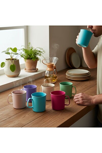 HOLLYHOME 6 Adet Renkli Plastik Kulplu Kupa Bardak, Su Meşrubat Bardağı 300ml 8,5(h)x7,5cm