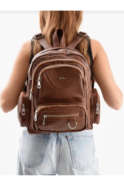 eflanmoda Mega Women's Brown Multi-Compartment Soft Leather Backpack