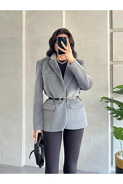 Coral Kemerli Peluş Ceket Gri